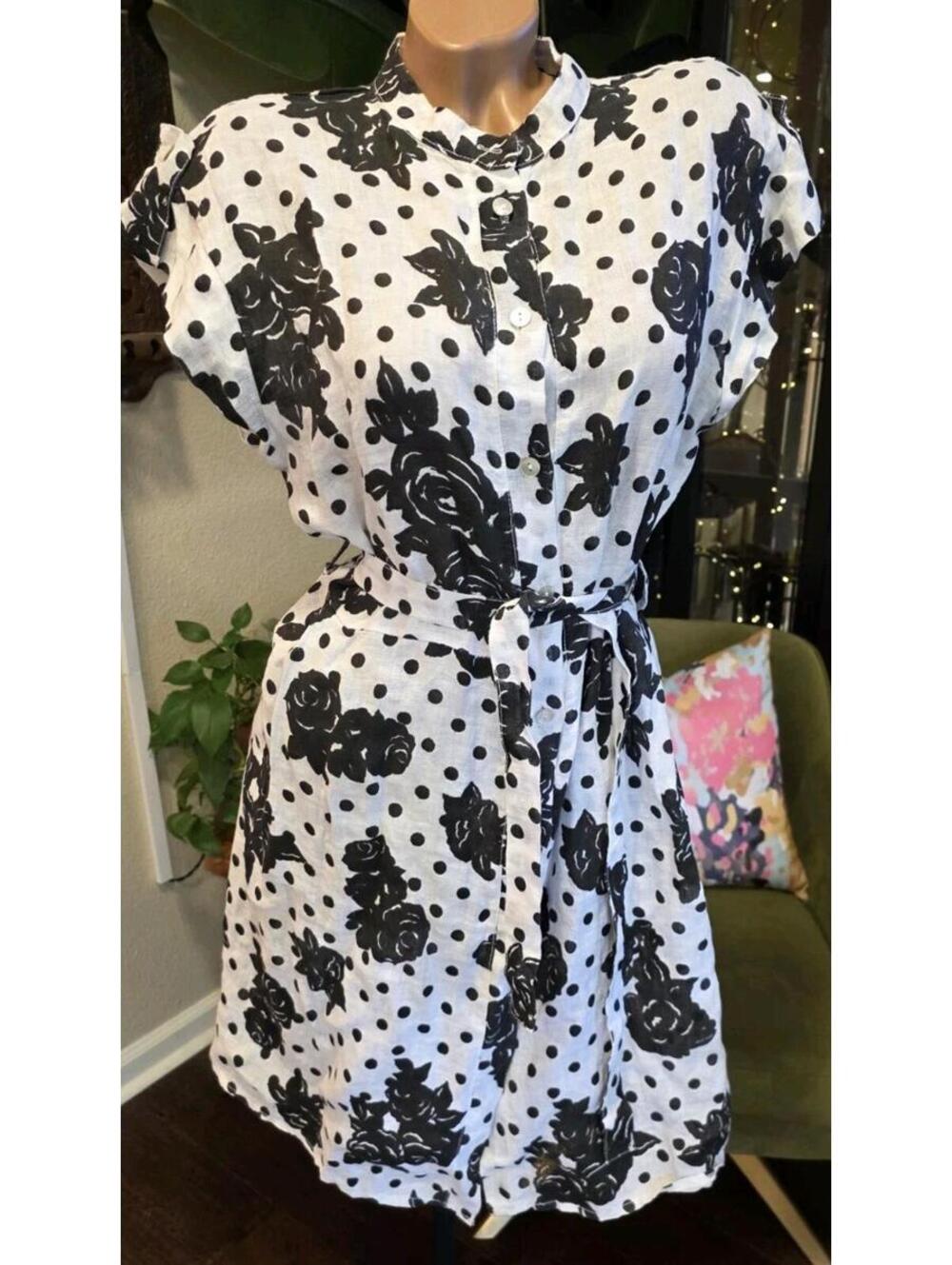 ALLEGRA MASETTI Italy Black White Polka Dot Floral Linen Shirt Dress Belted Sz L